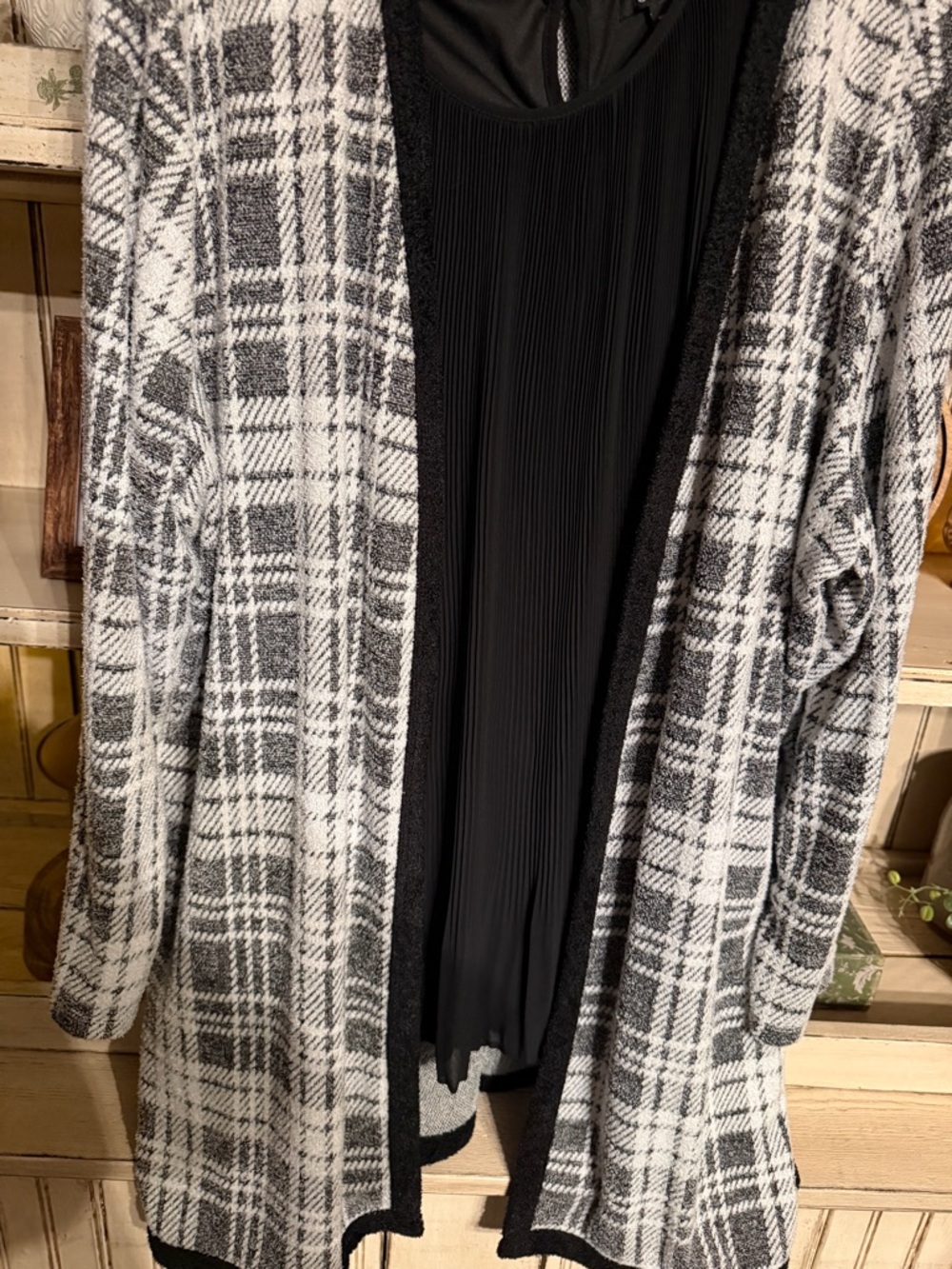 Black and White Plaid Open-Front Women's Sweater Cardigan & a Comfy Black Tank